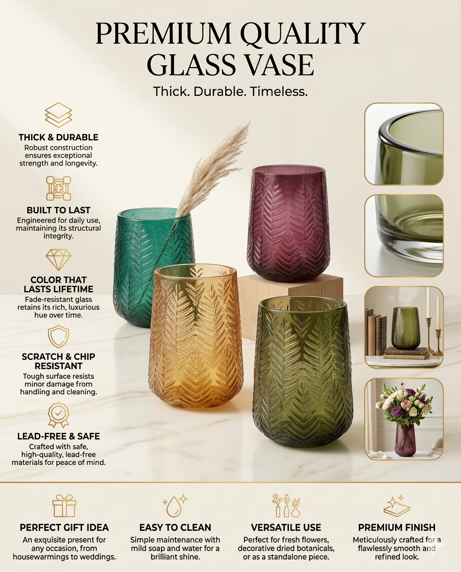 Forest Fern Embossed Glass Vase — Hand-Blown Glass from Firozabad, India — Side Angle View