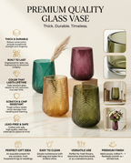 Forest Fern Embossed Glass Vase — Hand-Blown Glass from Firozabad, India — Side Angle View