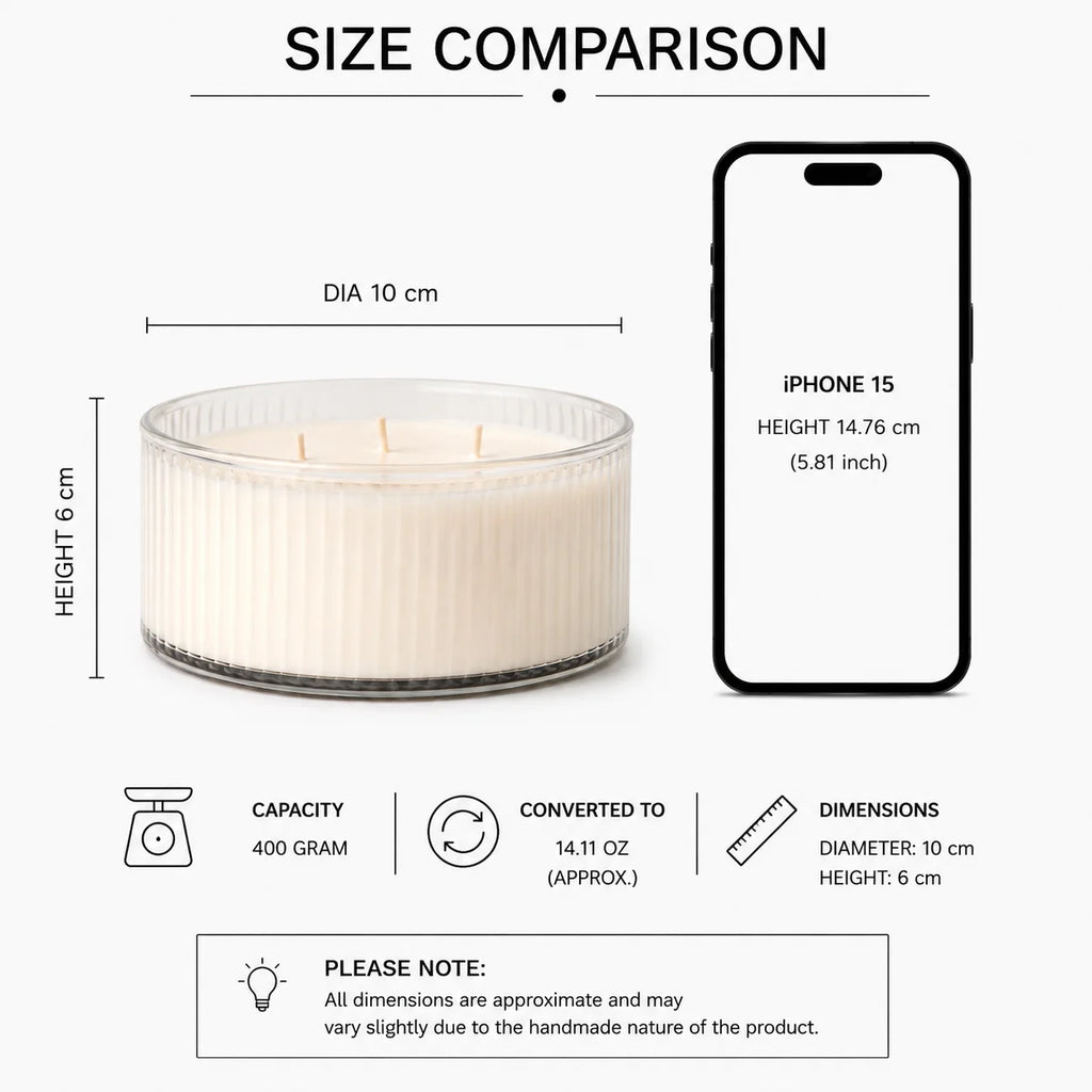 Jasmine 3-Wick Wide Ribbed Bowl Soy Wax Candle | Large — Hand-Blown Glass from Firozabad, India — Detail Close-Up