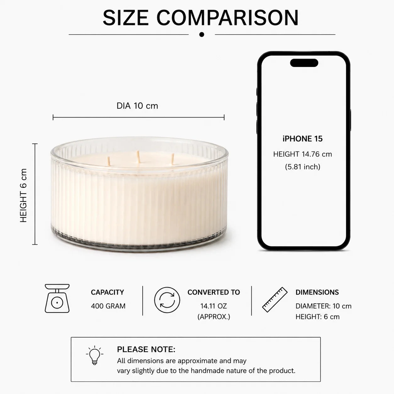 Jasmine 3-Wick Wide Ribbed Bowl Soy Wax Candle | Large — Hand-Blown Glass from Firozabad, India — Detail Close-Up