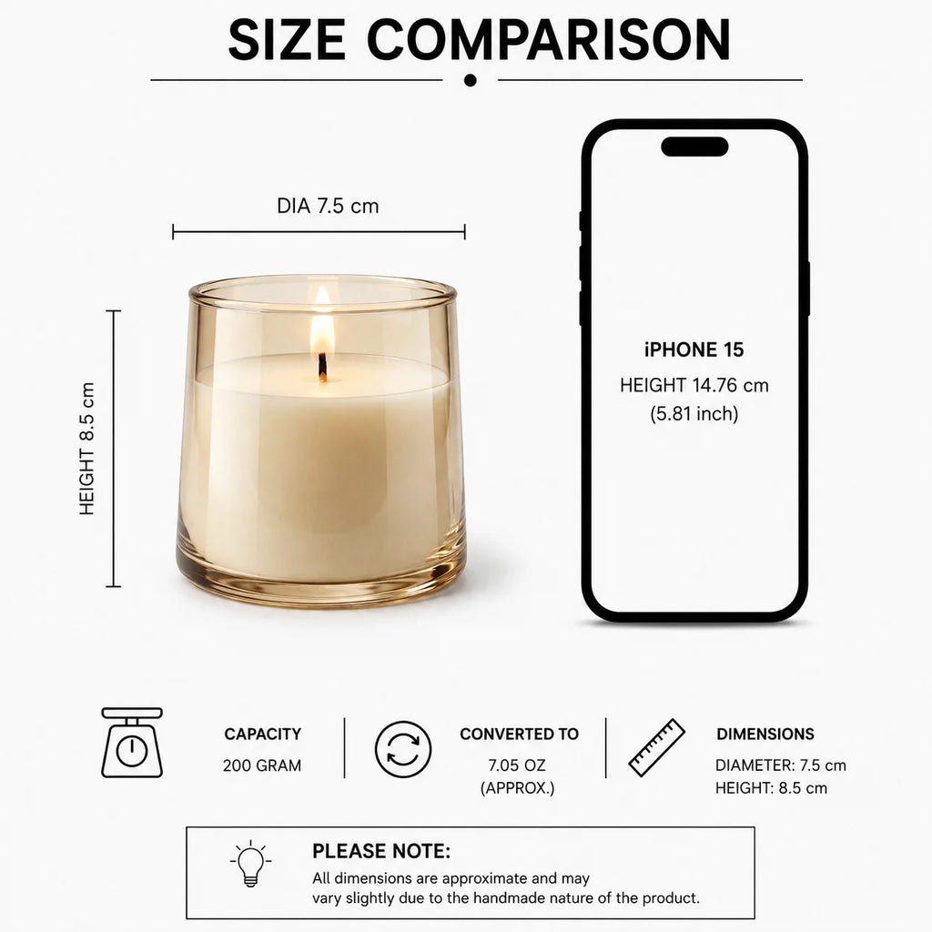 Sandalwood Classic Cylinder Glass Soy Wax Candle | 5 Colours — Hand-Blown Glass from Firozabad, India — Detail Close-Up