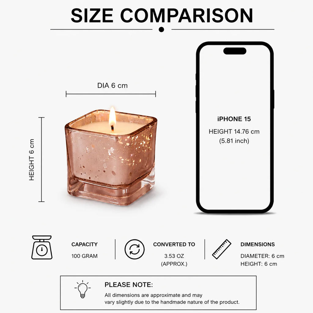 Vanilla Mercury Square Glass Soy Wax Candle | Luxury Gift — Hand-Blown Glass from Firozabad, India — Texture & Craftsmanship