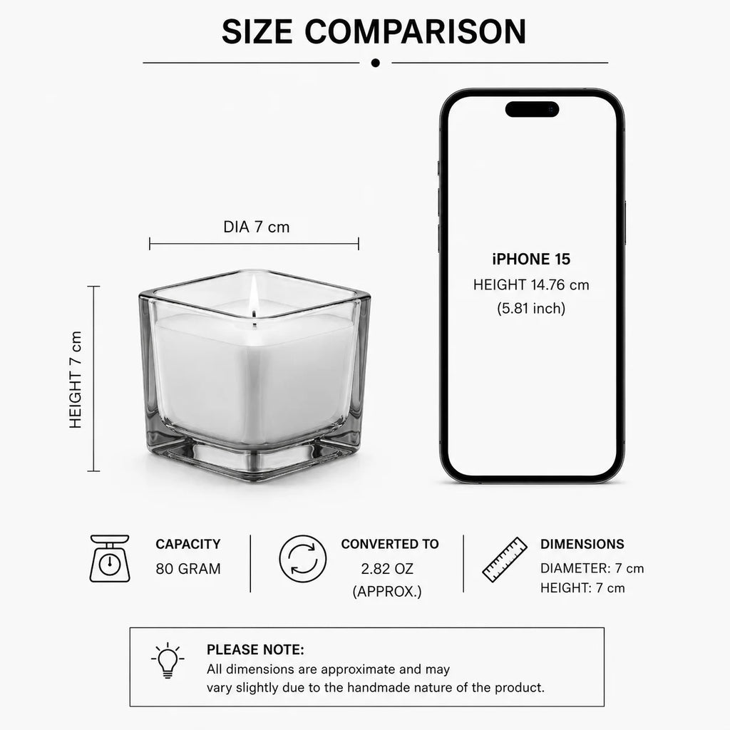 Jasmine Soy Wax Candle | Square Glass Jar | Hand Poured — Hand-Blown Glass from Firozabad, India — Texture & Craftsmanship