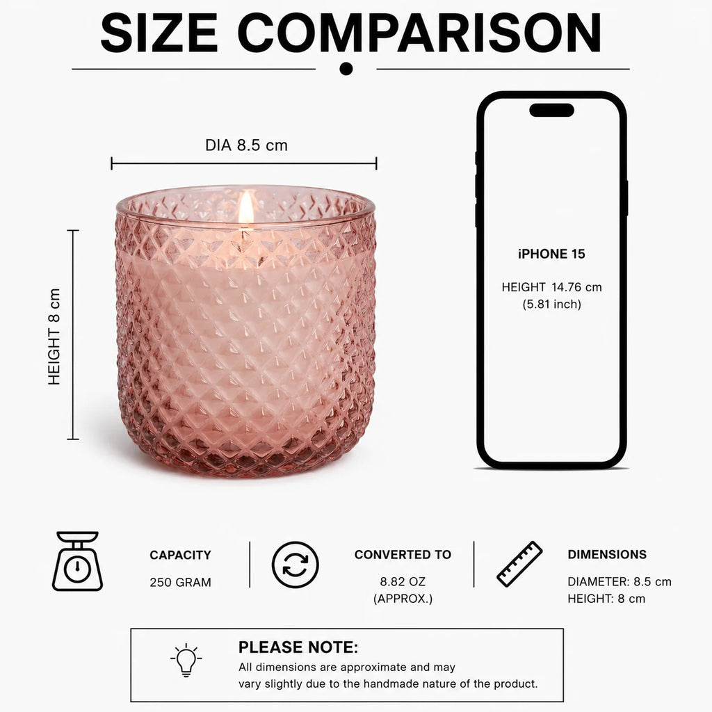 Sandalwood Diamond Crosshatch Glass Soy Wax Candle | Premium Gift — Hand-Blown Glass from Firozabad, India — Detail Close-Up