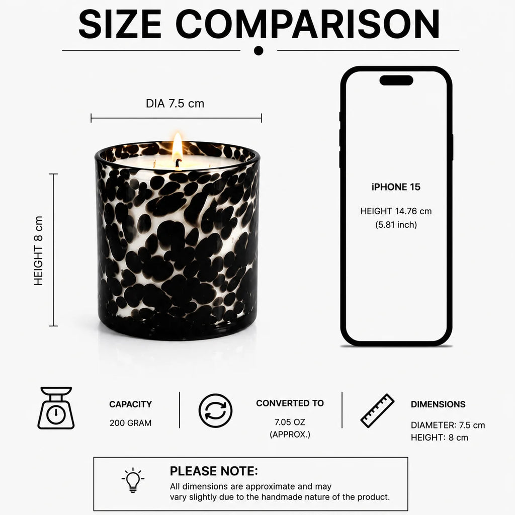 Oud Tortoiseshell Spotted Glass Soy Wax Candle | Unique Luxury — Hand-Blown Glass from Firozabad, India — Detail Close-Up