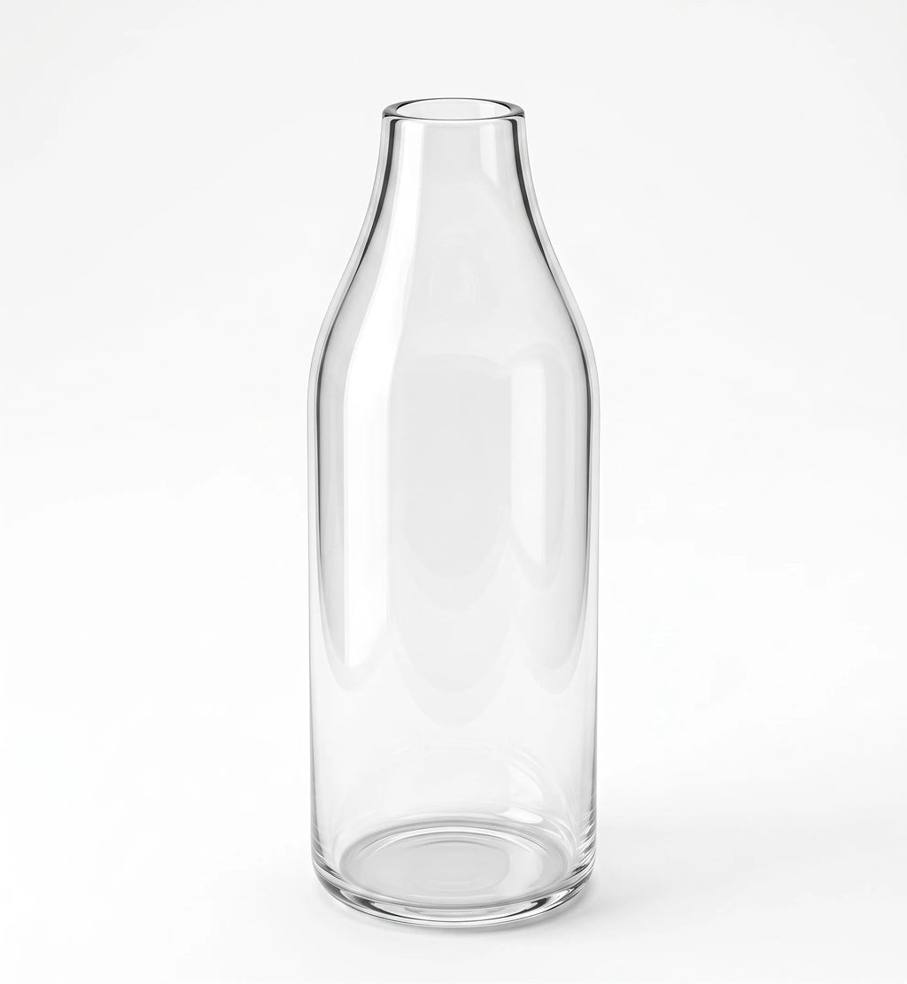 Nordic Carafe Bottle Glass Vase — Hand-Blown Glass from Firozabad, India — Side Angle View
