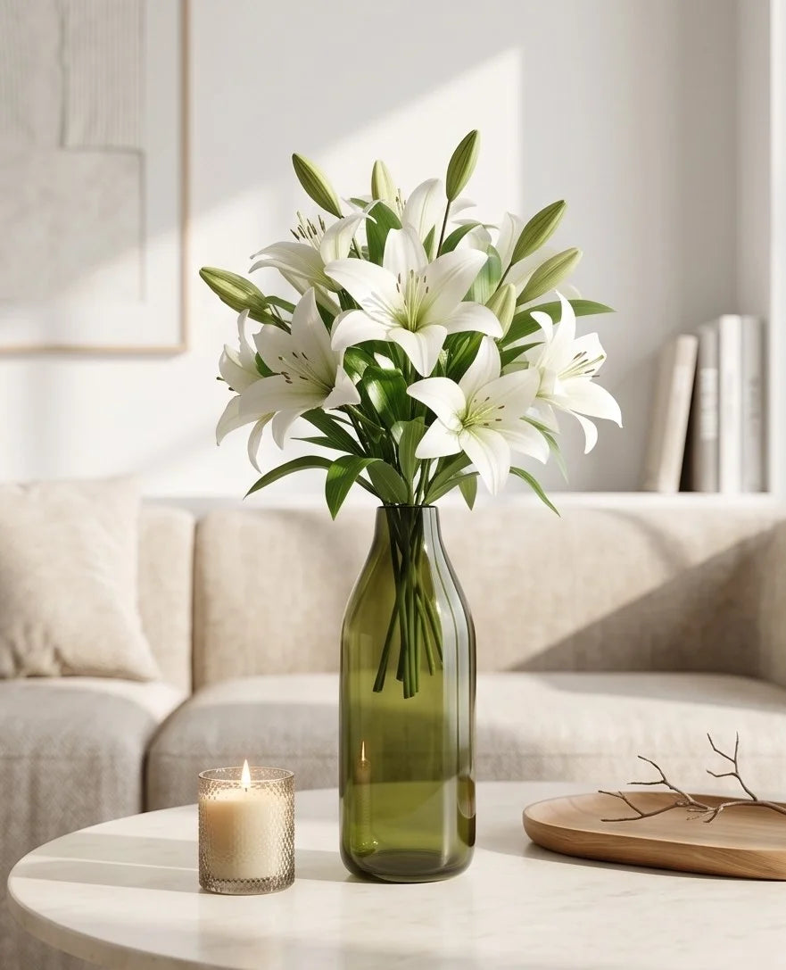 Nordic Carafe Bottle Glass Vase — Hand-Blown Glass from Firozabad, India — Top View