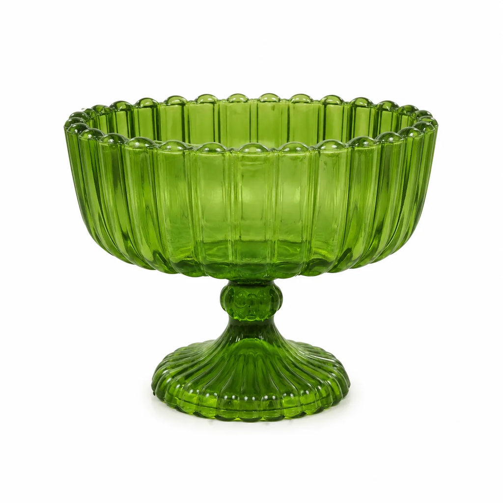 Emerald Green Ribbed Compote Bowl | Beaded Pearl Rim | Jewel-Tone Luxury — Castle Crafts