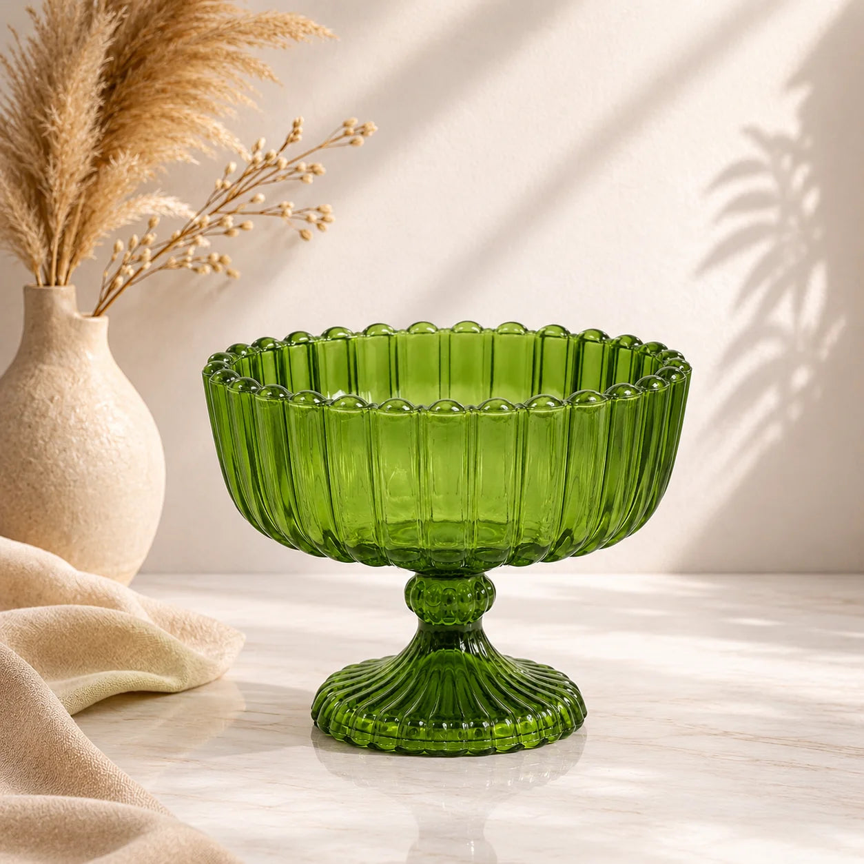 Emerald Green Ribbed Compote Bowl | Beaded Pearl Rim | Jewel-Tone Luxury — Castle Crafts