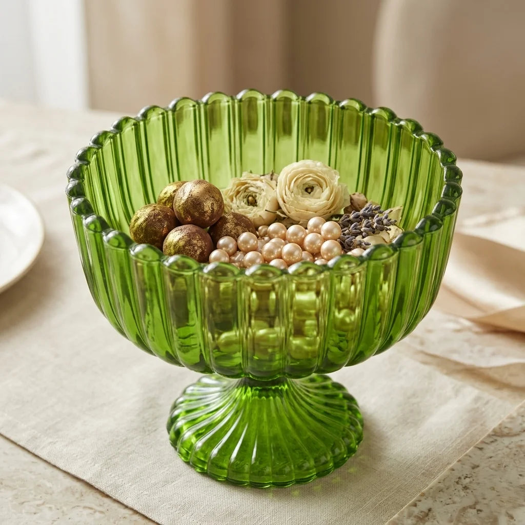 Emerald Green Ribbed Compote Bowl | Beaded Pearl Rim | Jewel-Tone Luxury — Castle Crafts