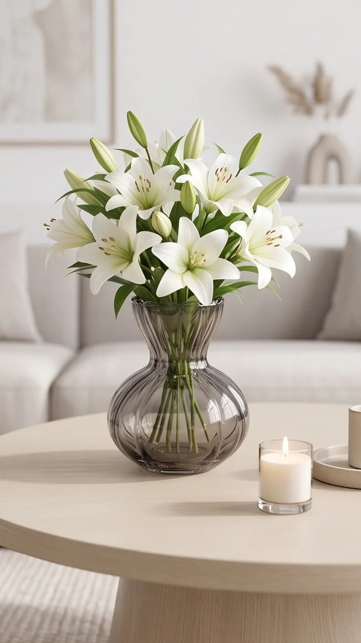 Pastel Ruffle Ribbed Glass Vase — Hand-Blown Glass from Firozabad, India — Tabletop View