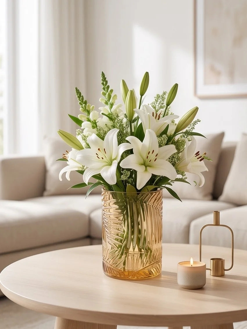 Jungle Bloom Embossed Glass Vase — Hand-Blown Glass from Firozabad, India — In a Living Space