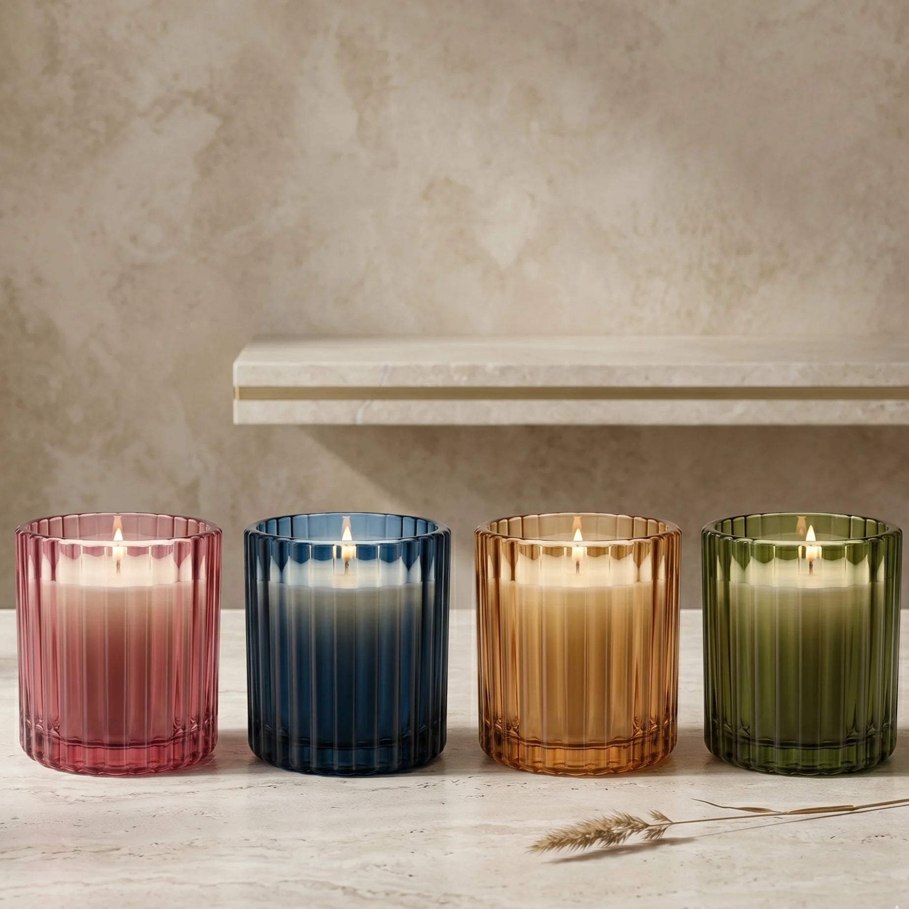 Sandalwood Ribbed Glass Candle | Luxury Gift & Home Décor — Hand-Blown Glass from Firozabad, India — Side Angle View
