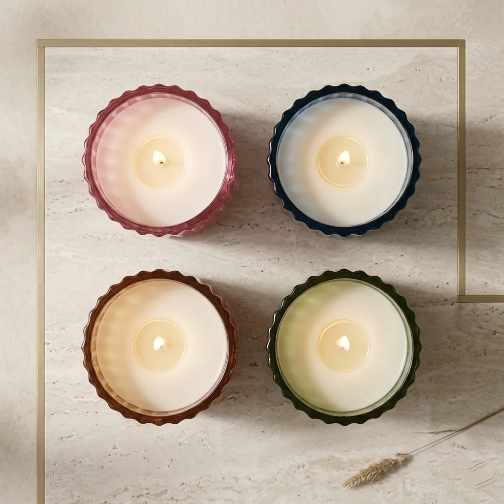 Sandalwood Ribbed Glass Candle | Luxury Gift & Home Décor — Hand-Blown Glass from Firozabad, India — Styled for Home Décor