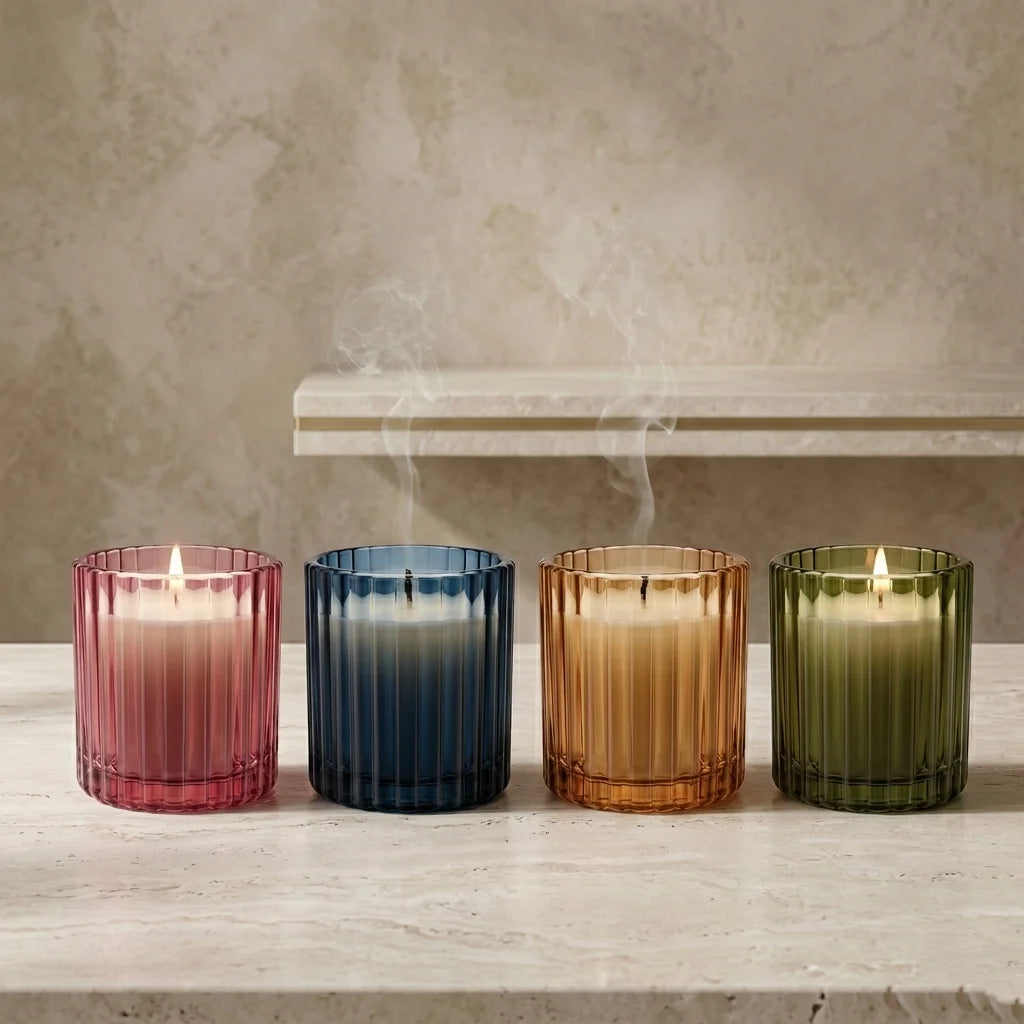 Sandalwood Ribbed Glass Candle | Luxury Gift & Home Décor — Hand-Blown Glass from Firozabad, India — Lifestyle Setting