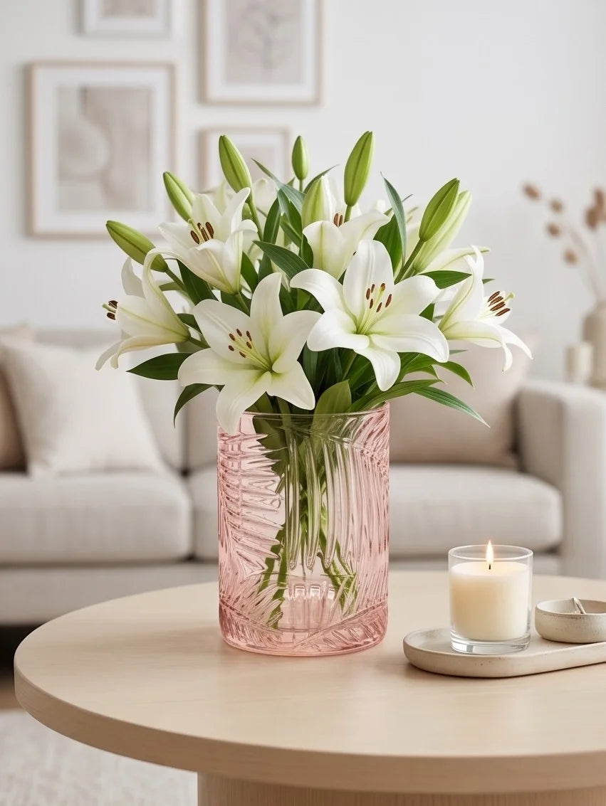 Tropical Fern Embossed Glass Vase — Hand-Blown Glass from Firozabad, India — Festive Styling