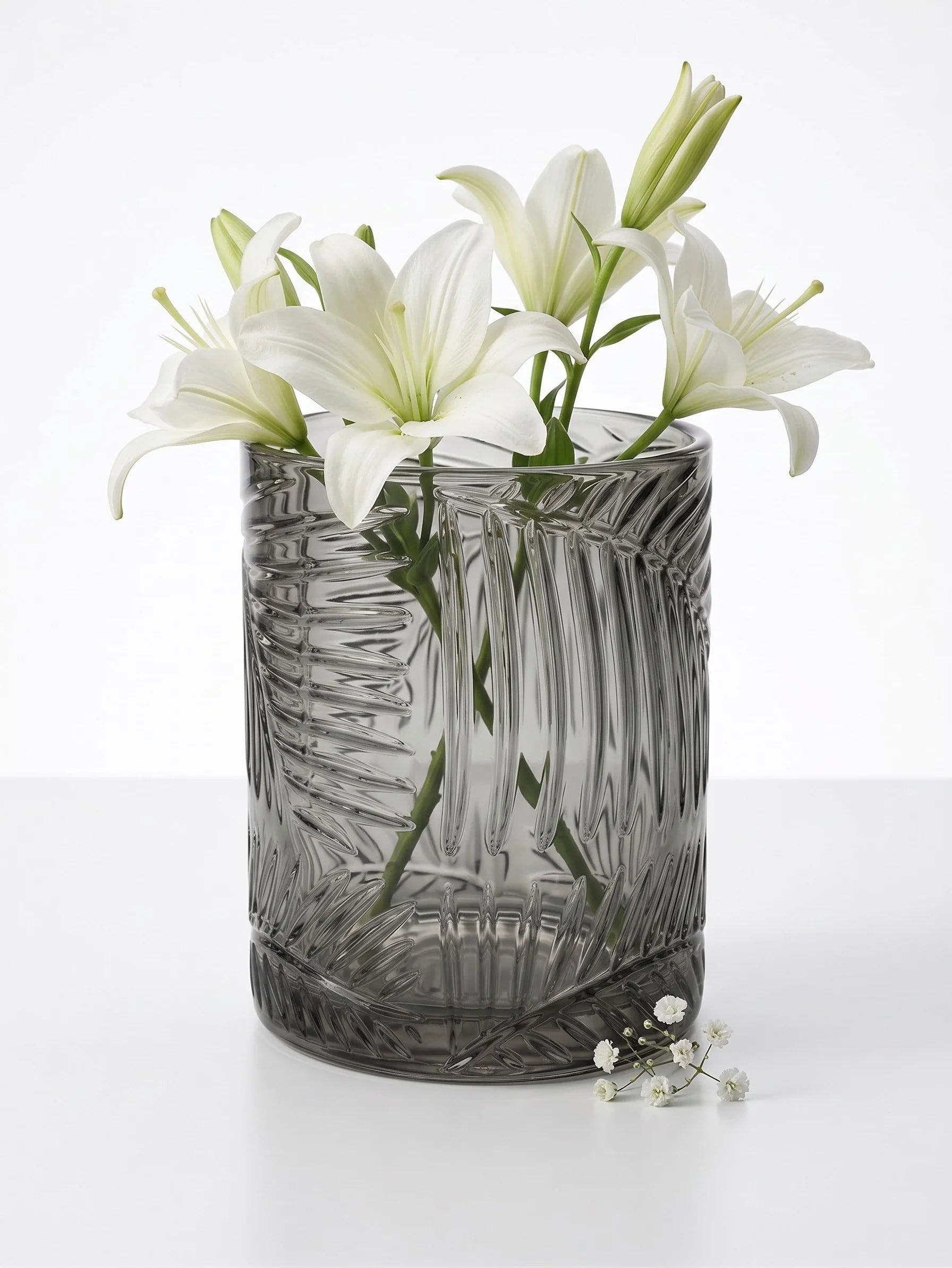 Tropical Fern Embossed Glass Vase — Hand-Blown Glass from Firozabad, India — Handcrafted Finish