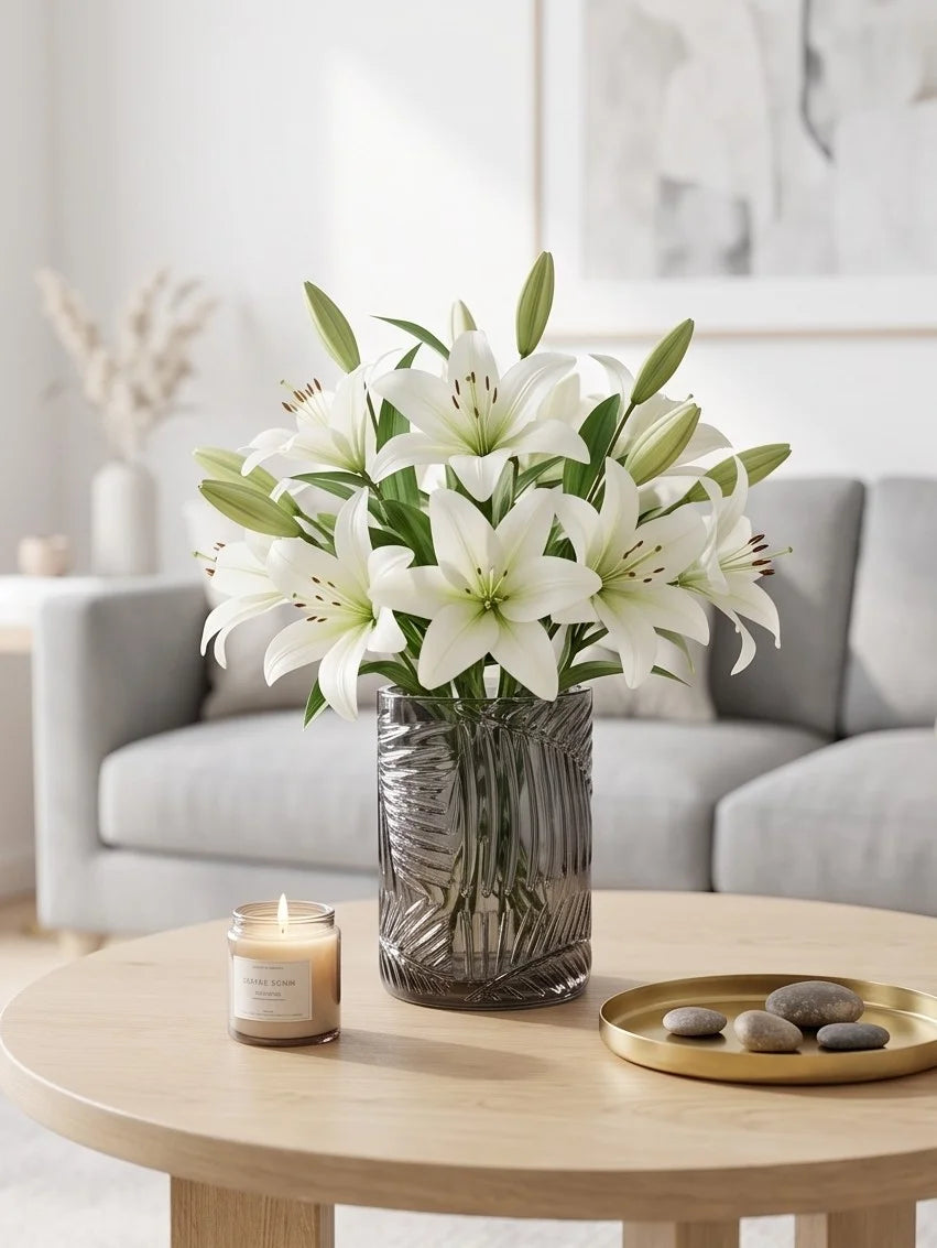 Tropical Fern Embossed Glass Vase — Hand-Blown Glass from Firozabad, India — Tabletop View