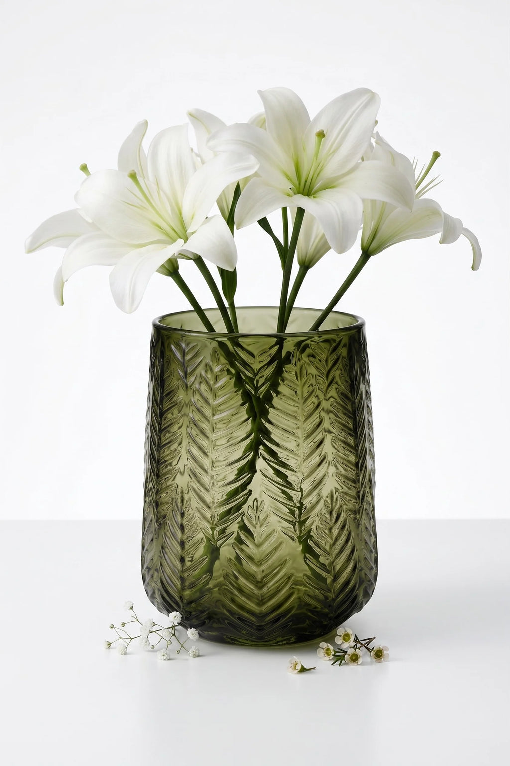 Forest Fern Embossed Glass Vase — Hand-Blown Glass from Firozabad, India — Detail Close-Up