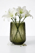 Forest Fern Embossed Glass Vase — Hand-Blown Glass from Firozabad, India — Detail Close-Up