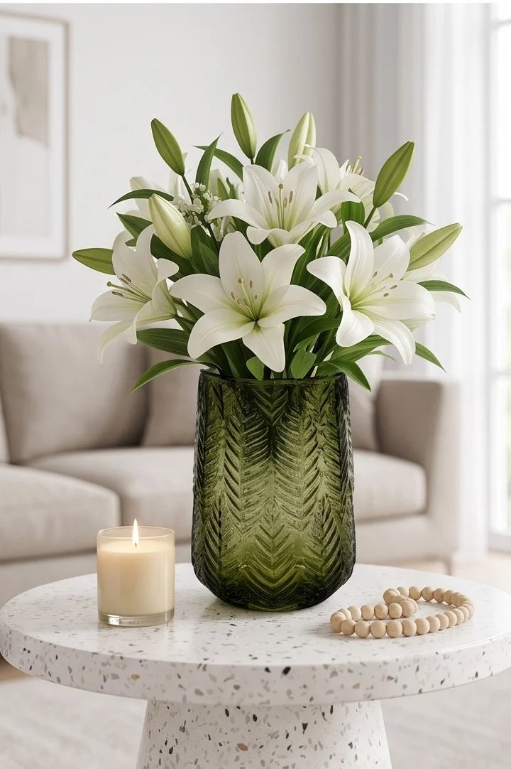 Forest Fern Embossed Glass Vase — Hand-Blown Glass from Firozabad, India — Lifestyle Setting
