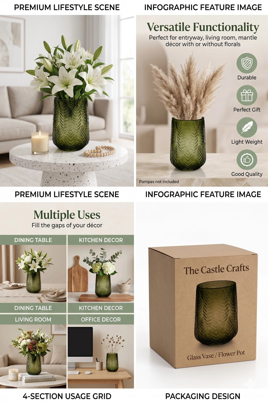 Forest Fern Embossed Glass Vase — Hand-Blown Glass from Firozabad, India — Texture & Craftsmanship