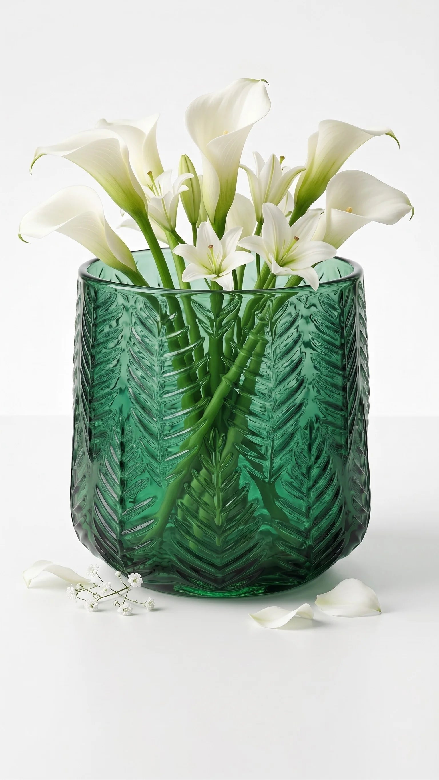 Forest Fern Embossed Glass Vase — Hand-Blown Glass from Firozabad, India — Multi-Angle Showcase