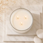 Jasmine 3-Wick Wide Ribbed Bowl Soy Wax Candle | Large — Hand-Blown Glass from Firozabad, India — Side Angle View