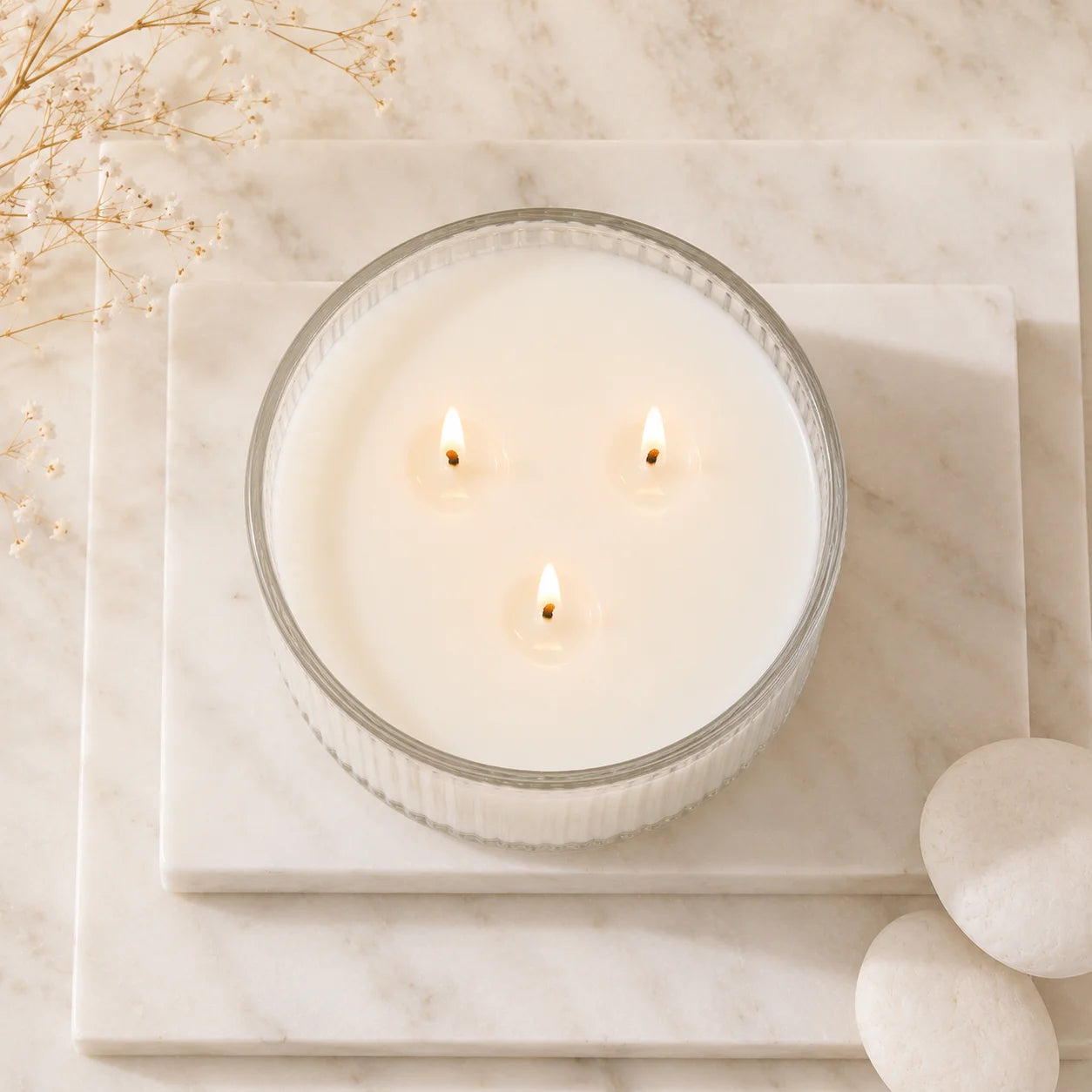 Jasmine 3-Wick Wide Ribbed Bowl Soy Wax Candle | Large — Hand-Blown Glass from Firozabad, India — Side Angle View
