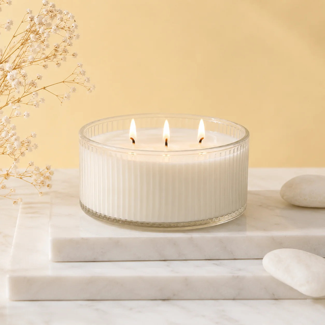 Jasmine 3-Wick Wide Ribbed Bowl Soy Wax Candle | Large — Hand-Blown Glass from Firozabad, India — Styled for Home Décor