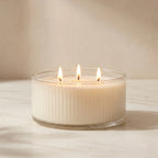 Jasmine 3-Wick Wide Ribbed Bowl Soy Wax Candle | Large — Hand-Blown Glass from Firozabad, India — Lifestyle Setting