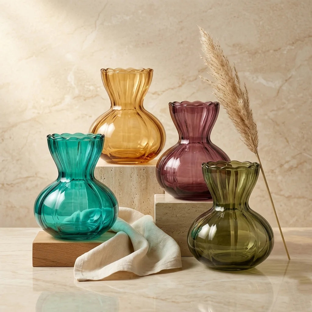 Vintage Ruffle Ribbed Glass Vase — Hand-Blown Glass from Firozabad, India — Styled for Home Décor