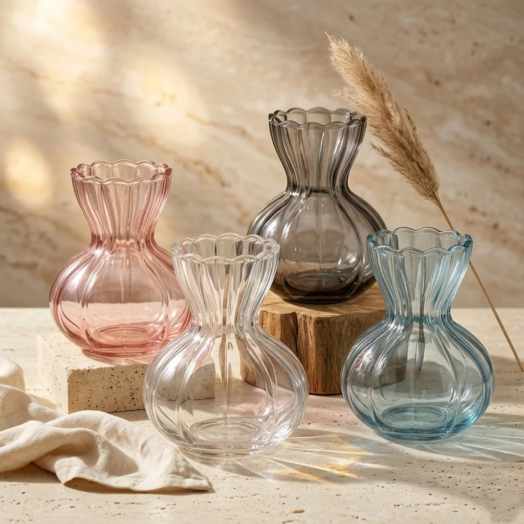 Pastel Ruffle Ribbed Glass Vase — Hand-Blown Glass from Firozabad, India — Side Angle View
