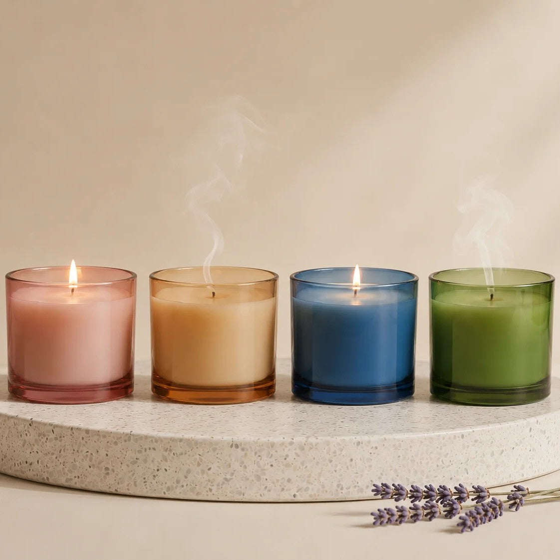 Vanilla Smooth Coloured Glass Soy Wax Candle — Hand-Blown Glass from Firozabad, India — Side Angle View