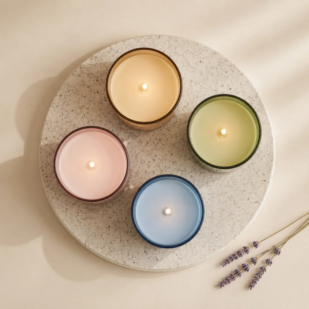 Vanilla Smooth Coloured Glass Soy Wax Candle — Hand-Blown Glass from Firozabad, India — Styled for Home Décor