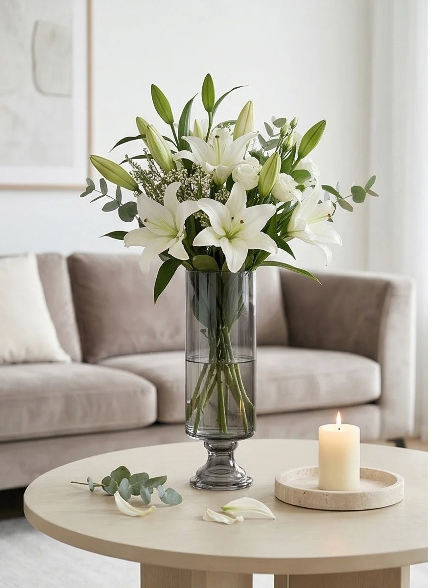 Aurora Pillar Footed Glass Vase — Hand-Blown Glass from Firozabad, India — Tabletop View