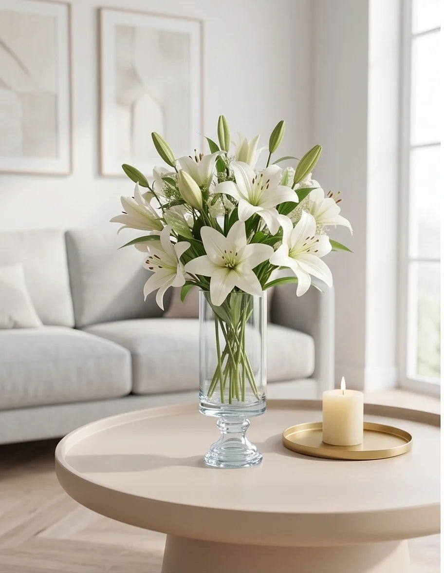 Luminary Pedestal Tall Glass Vase — Hand-Blown Glass from Firozabad, India — Lifestyle Setting