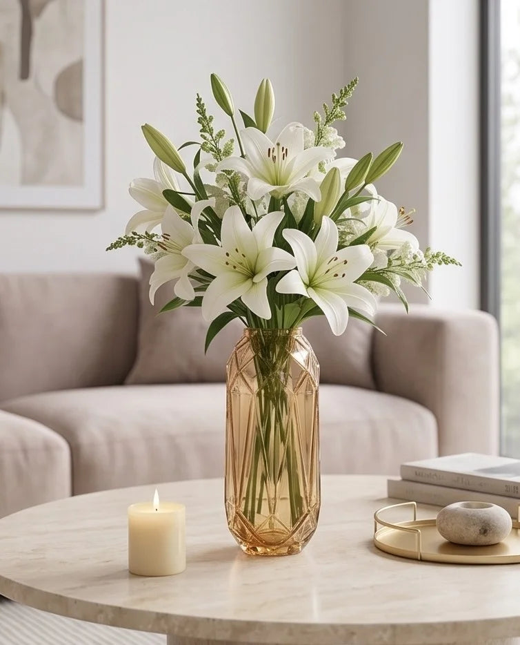 Diamond Facet Geometric Glass Vase — Hand-Blown Glass from Firozabad, India — Tabletop View