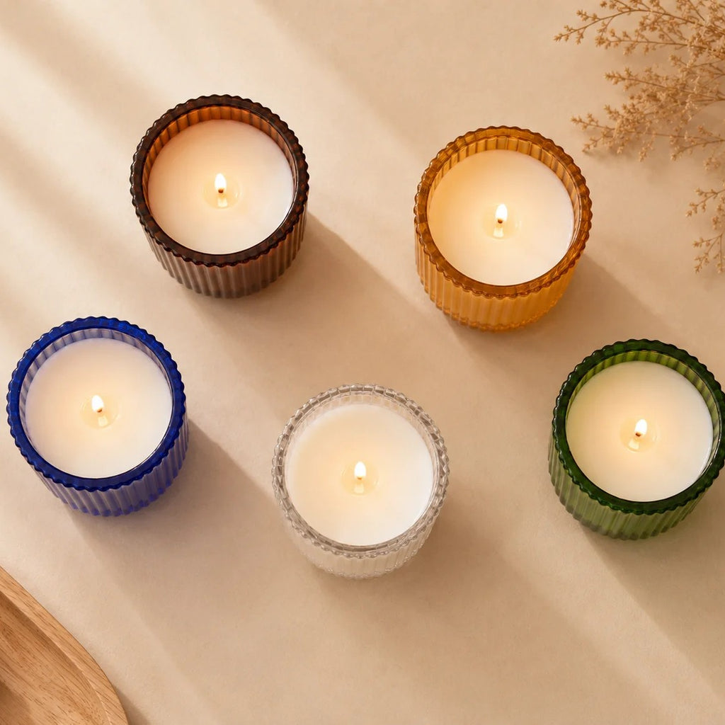 Lavender Classic Ribbed Glass Soy Wax Candle | 5 Colours — Hand-Blown Glass from Firozabad, India — Side Angle View