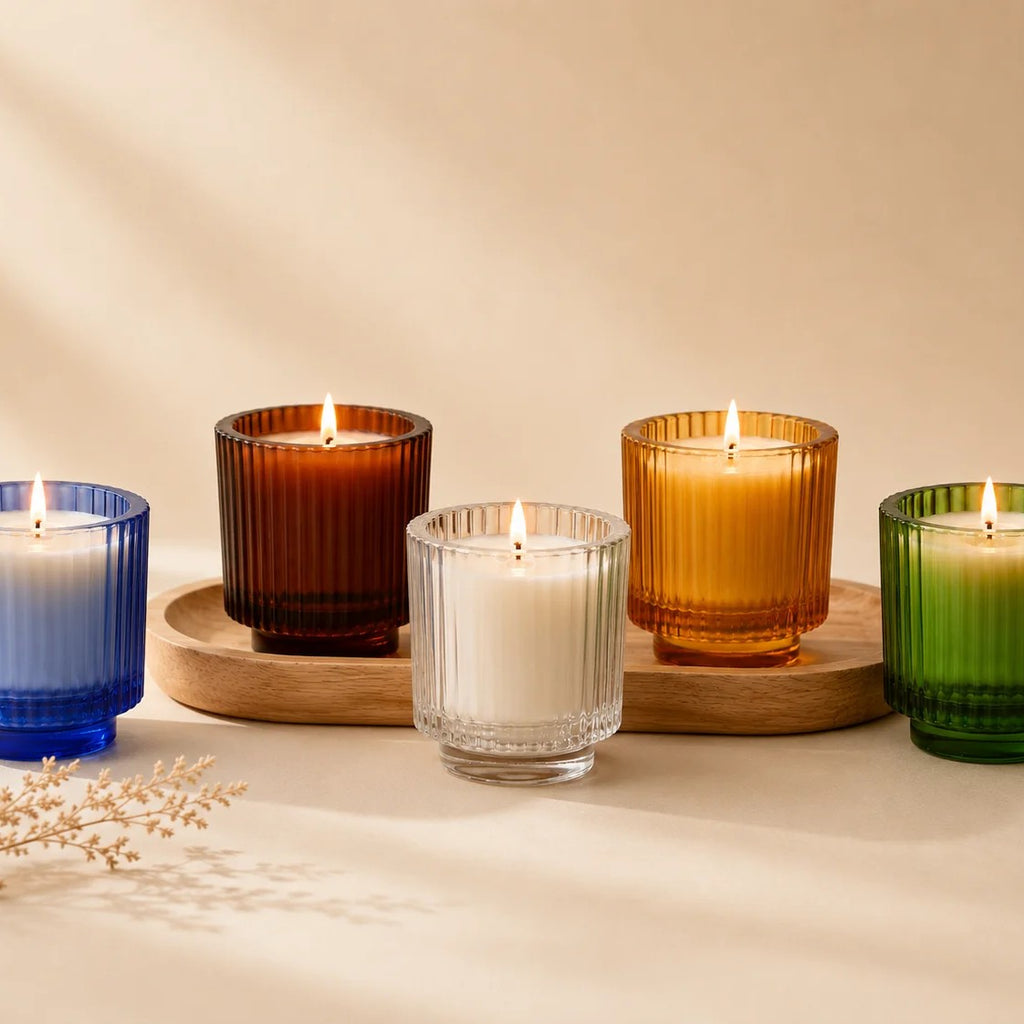 Lavender Classic Ribbed Glass Soy Wax Candle | 5 Colours — Hand-Blown Glass from Firozabad, India — Styled for Home Décor