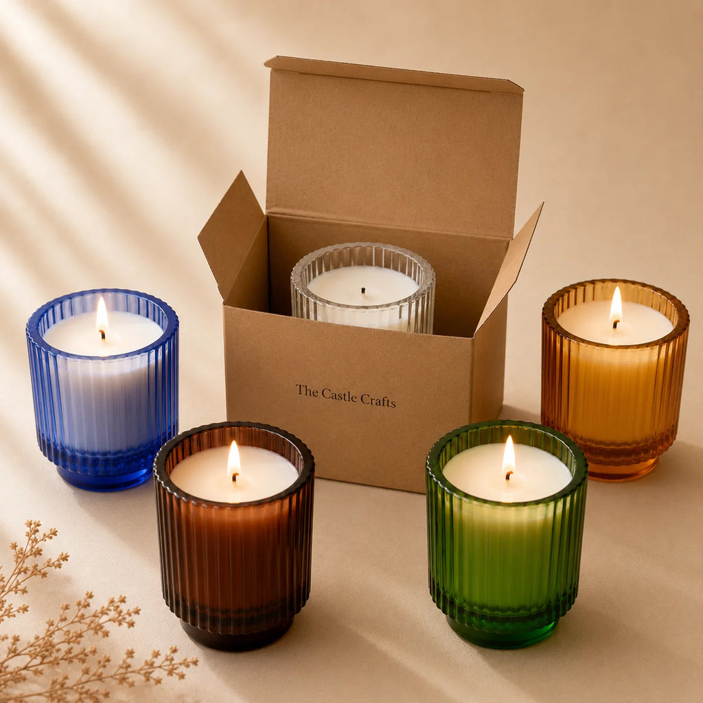 Lavender Classic Ribbed Glass Soy Wax Candle | 5 Colours — Hand-Blown Glass from Firozabad, India — Lifestyle Setting