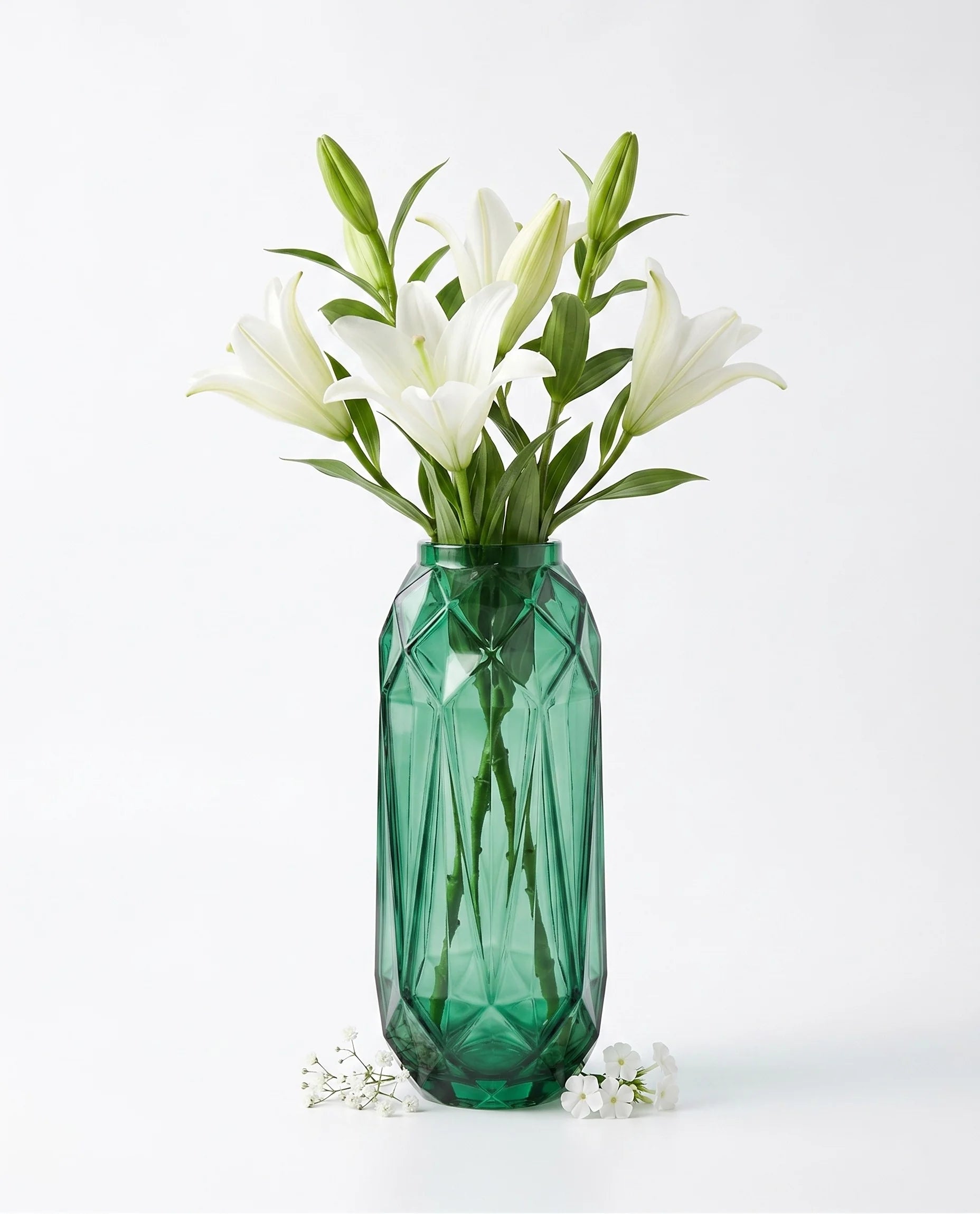 Diamond Facet Geometric Glass Vase — Hand-Blown Glass from Firozabad, India — Lifestyle Setting