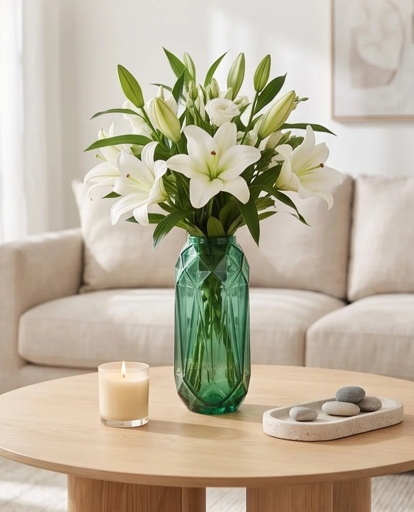 Diamond Facet Geometric Glass Vase — Hand-Blown Glass from Firozabad, India — Texture & Craftsmanship