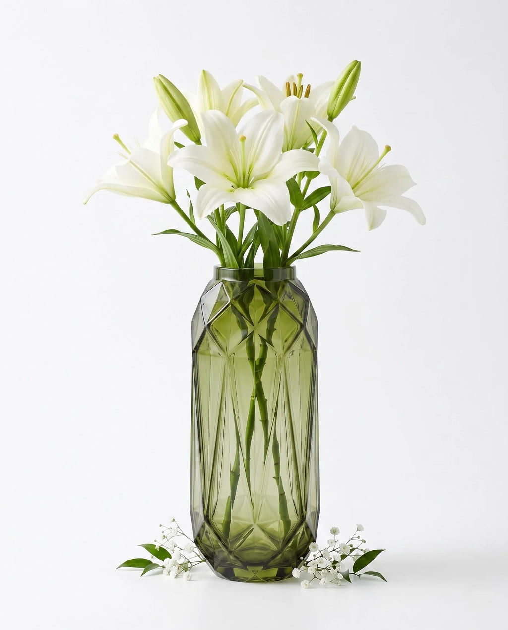 Diamond Facet Geometric Glass Vase — Hand-Blown Glass from Firozabad, India — Multi-Angle Showcase