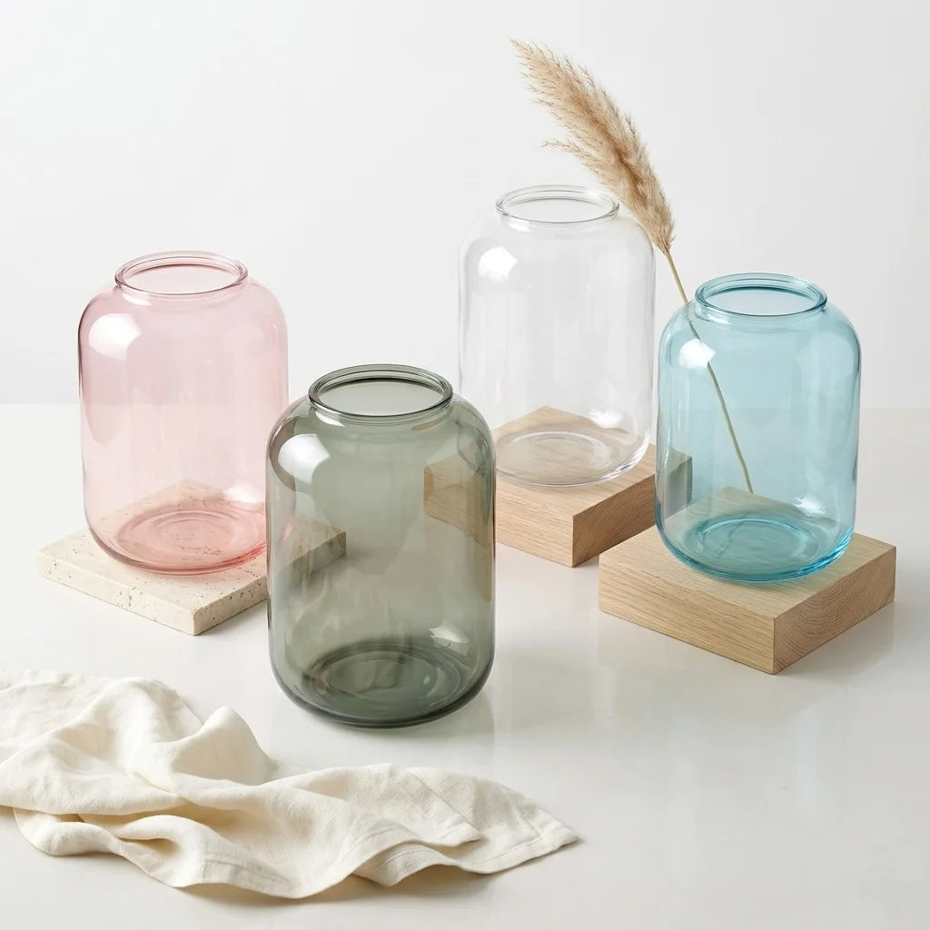 Misty Wide Jar Glass Vase — Hand-Blown Glass from Firozabad, India — Styled for Home Décor