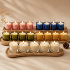 Oud Mini Glass Soy Wax Votive Candle | Pack of 6 — Hand-Blown Glass from Firozabad, India — Detail Close-Up