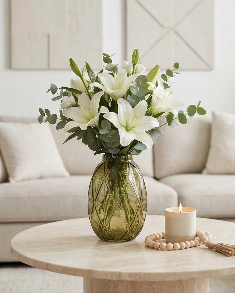 Harlequin Oval Embossed Glass Vase — Hand-Blown Glass from Firozabad, India — Lifestyle Setting