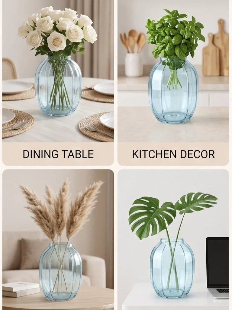 Bloom Rib Wide Glass Vase — Hand-Blown Glass from Firozabad, India — Gifting Presentation