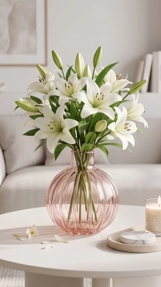 Orion Globe Ribbed Glass Vase — Hand-Blown Glass from Firozabad, India — Tabletop View