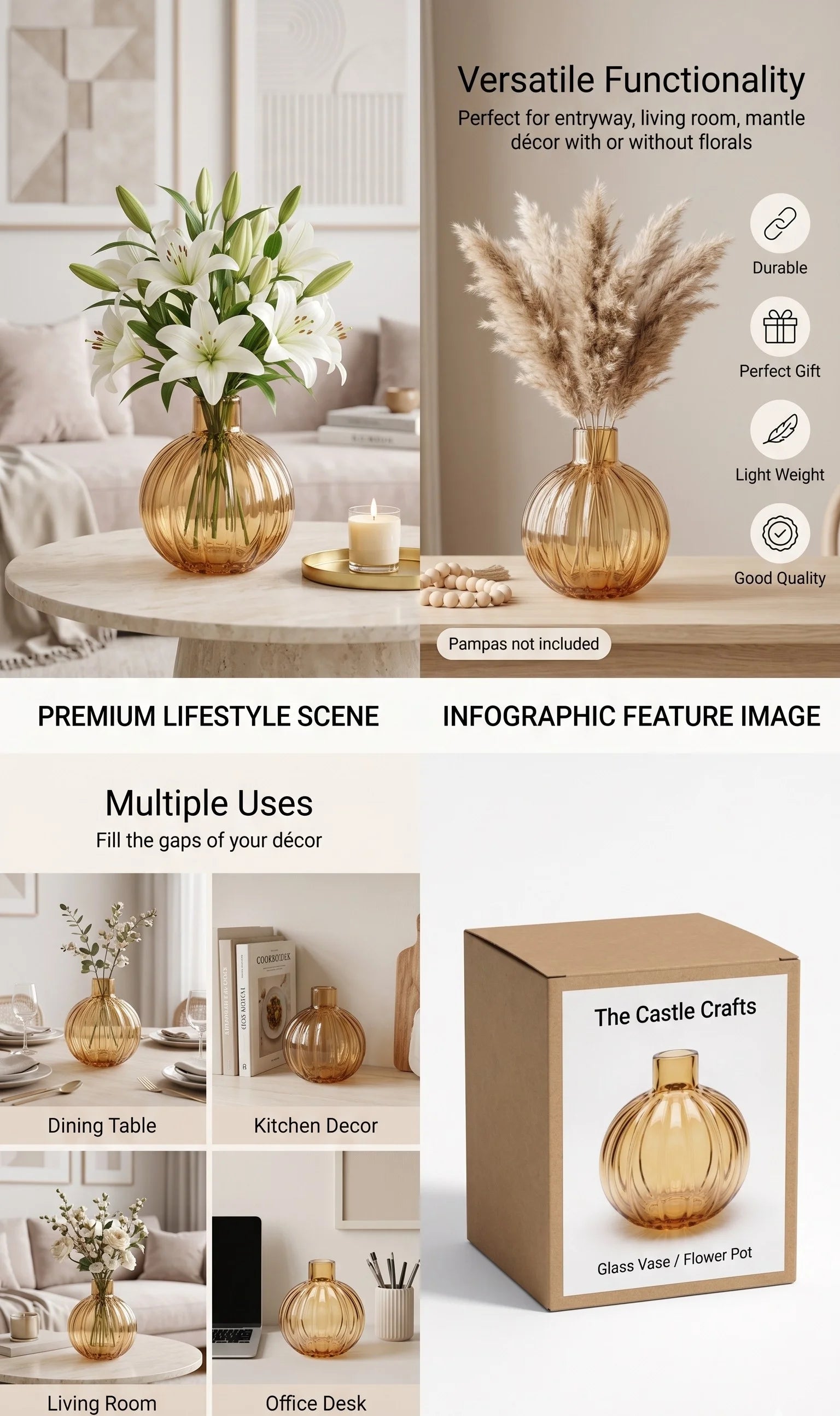 Pumpkin Globe Ribbed Glass Vase — Hand-Blown Glass from Firozabad, India — Top View